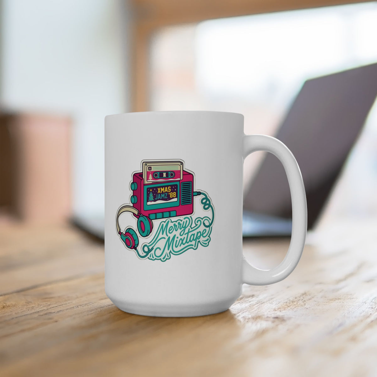 Retro Portable Cassette Player Ceramic Mug - 'Merry Mixtape' Pixel Art Coffee Cup (11oz, 15oz)