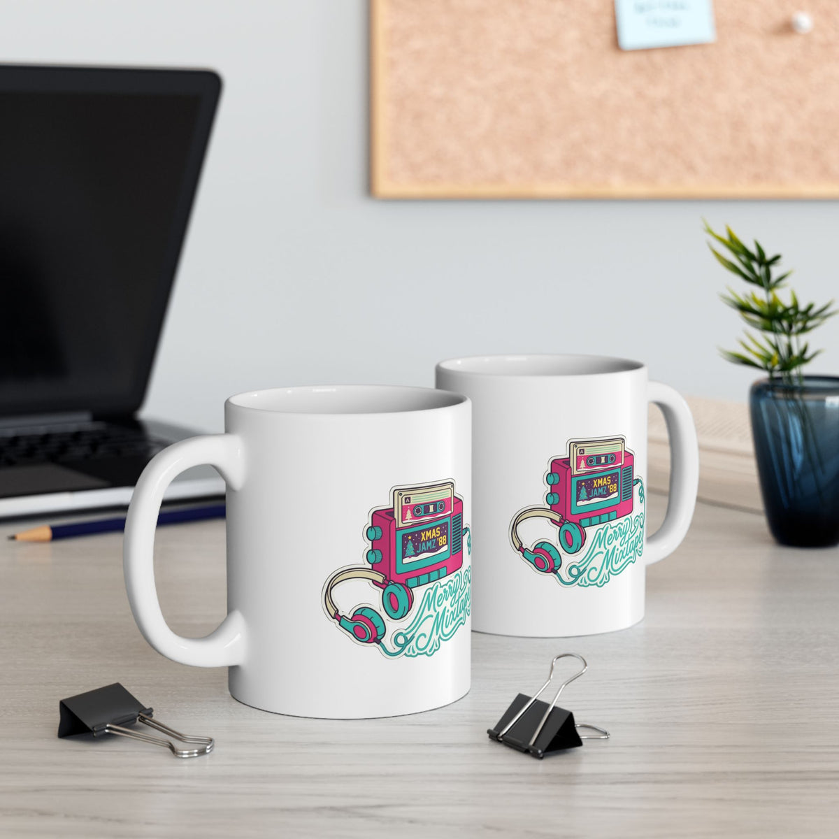 Retro Portable Cassette Player Ceramic Mug - 'Merry Mixtape' Pixel Art Coffee Cup (11oz, 15oz)
