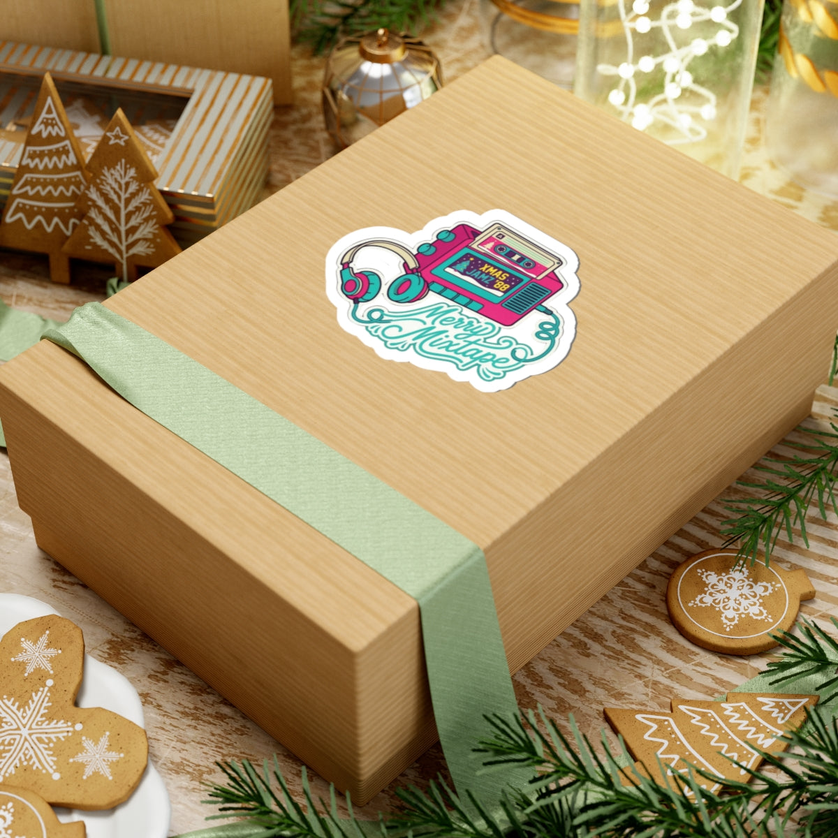 Merry Mixtape Christmas Sticker - Retro Cassette & Headphones Kiss-Cut Decal