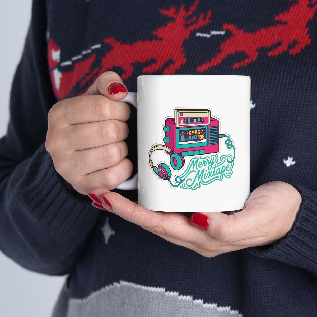 Retro Portable Cassette Player Ceramic Mug - 'Merry Mixtape' Pixel Art Coffee Cup (11oz, 15oz)