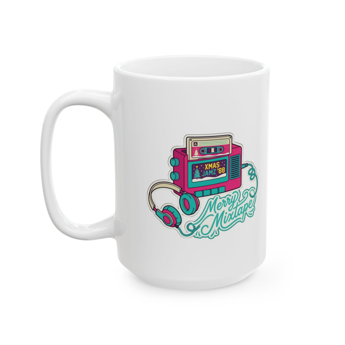 Retro Portable Cassette Player Ceramic Mug - 'Merry Mixtape' Pixel Art Coffee Cup (11oz, 15oz)