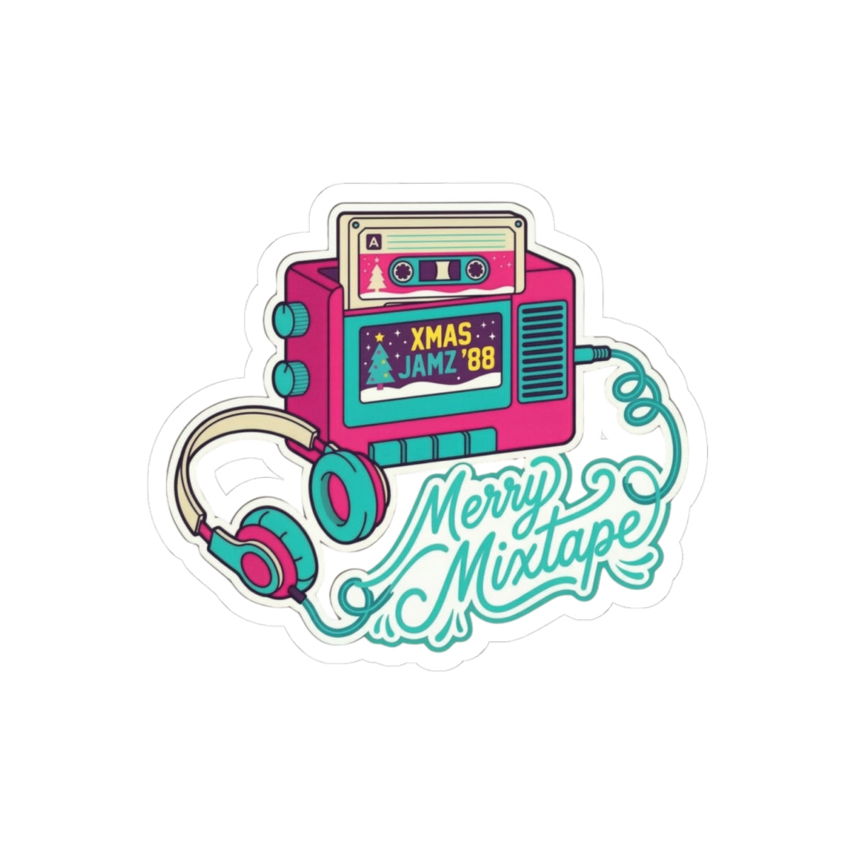 Merry Mixtape Christmas Sticker - Retro Cassette & Headphones Kiss-Cut Decal