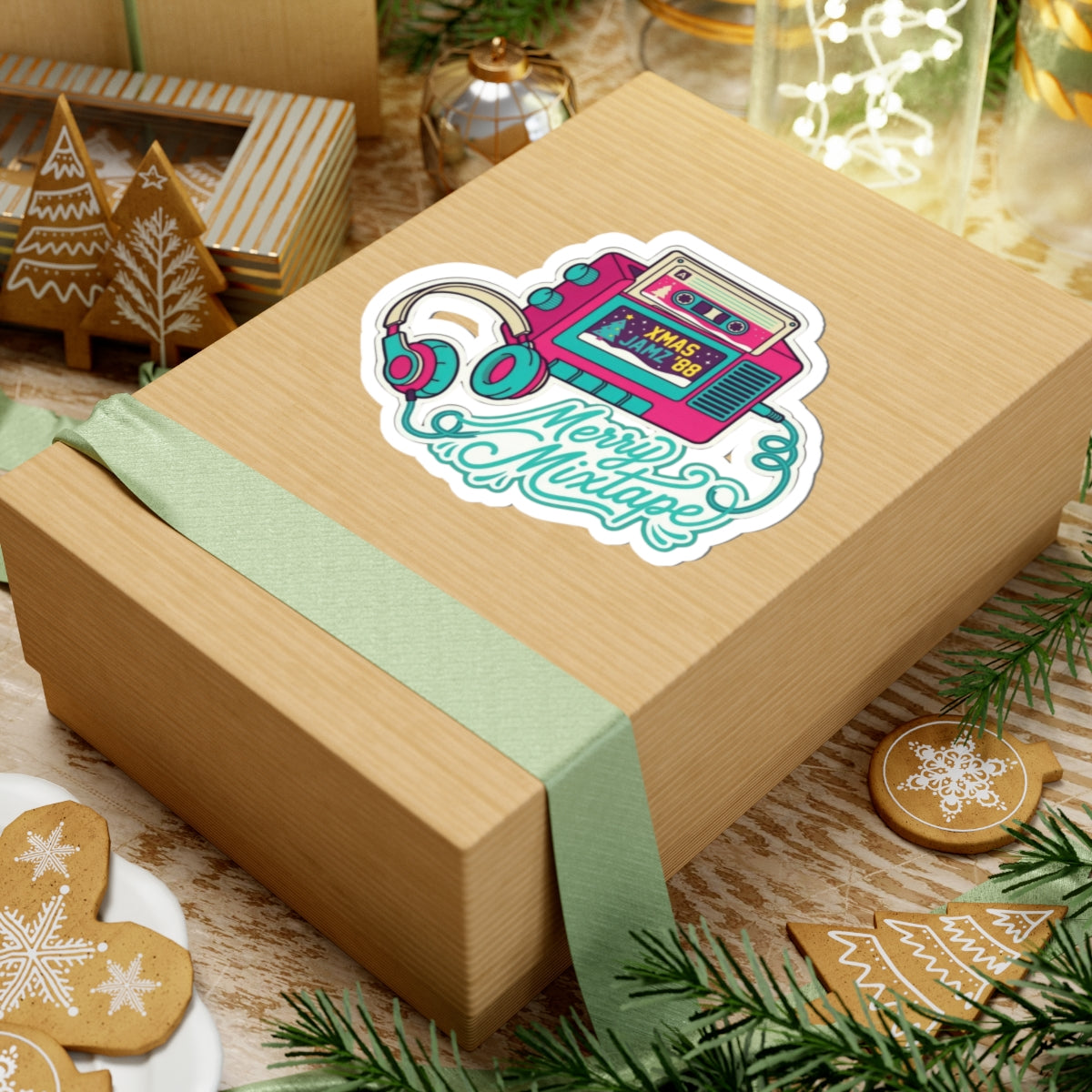 Merry Mixtape Christmas Sticker - Retro Cassette & Headphones Kiss-Cut Decal