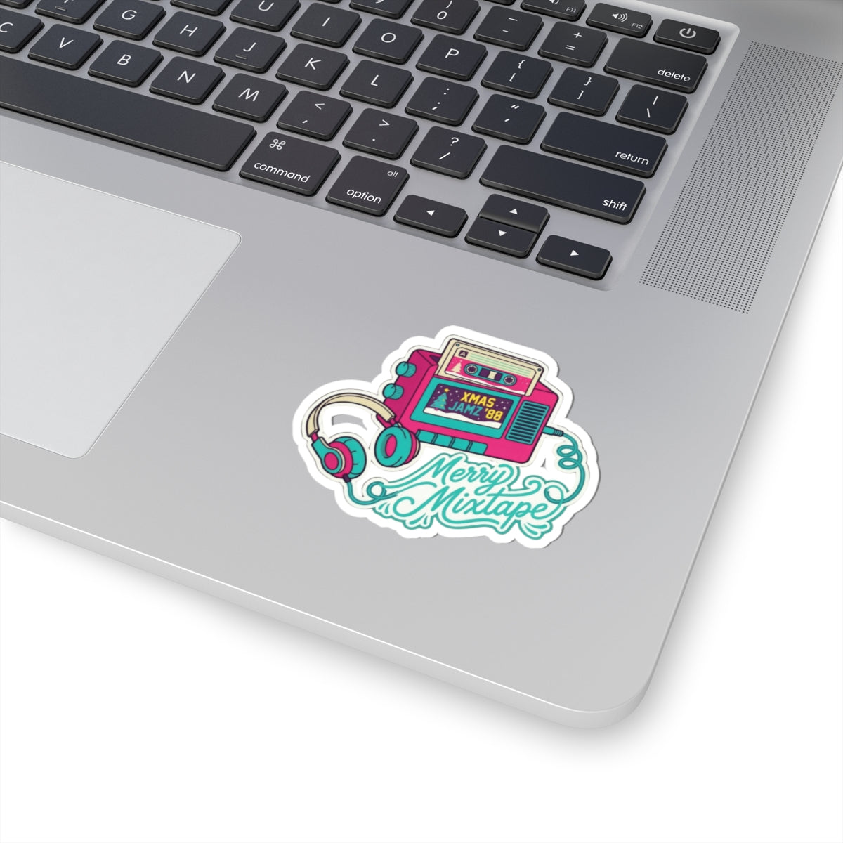 Merry Mixtape Christmas Sticker - Retro Cassette & Headphones Kiss-Cut Decal