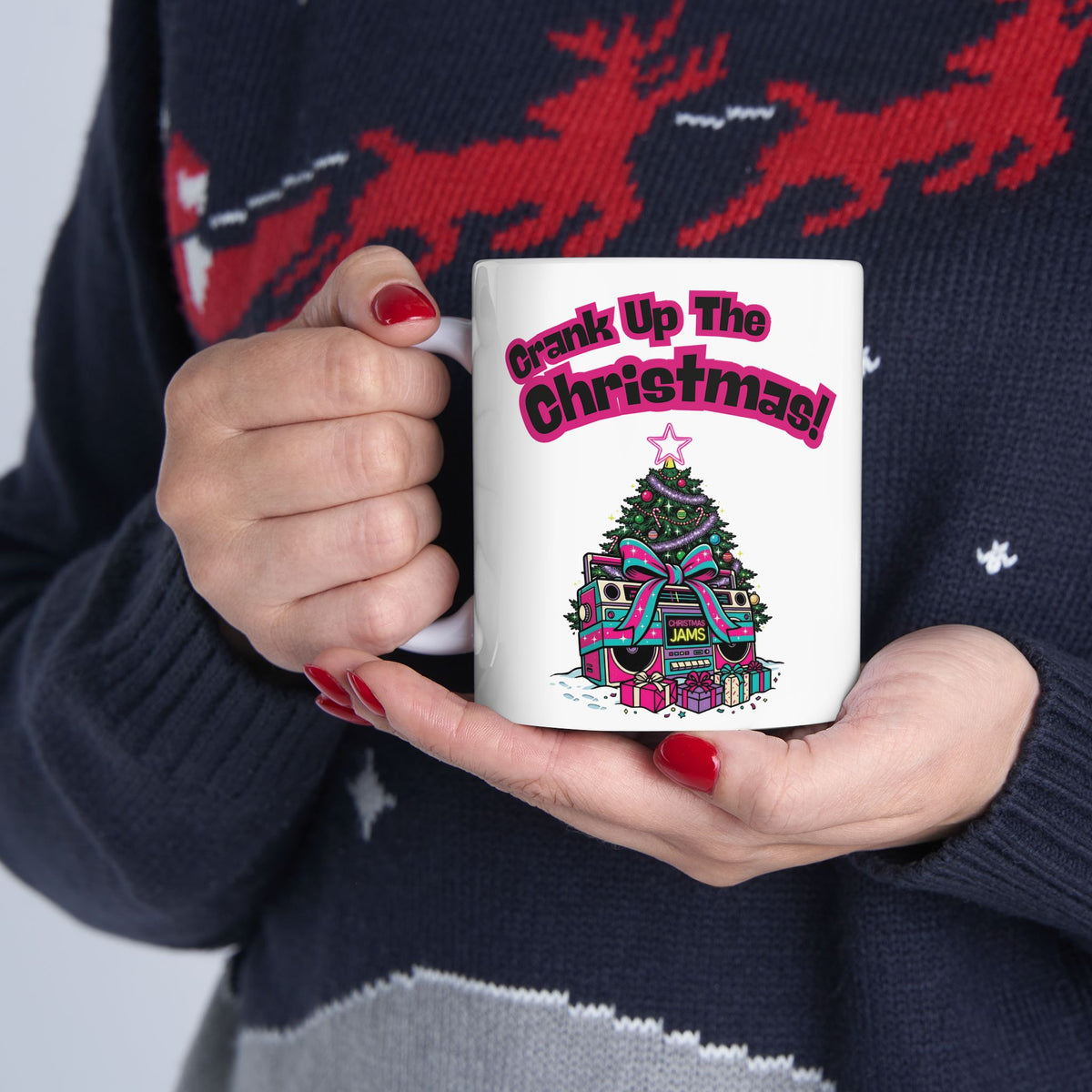 Retro 80s Boombox Christmas Tree Ceramic Mug (11oz, 15oz)