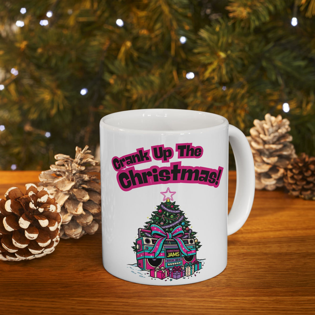 Retro 80s Boombox Christmas Tree Ceramic Mug (11oz, 15oz)
