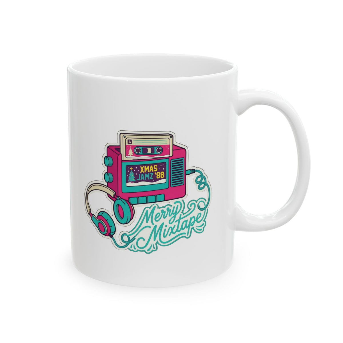 Retro Portable Cassette Player Ceramic Mug - 'Merry Mixtape' Pixel Art Coffee Cup (11oz, 15oz)