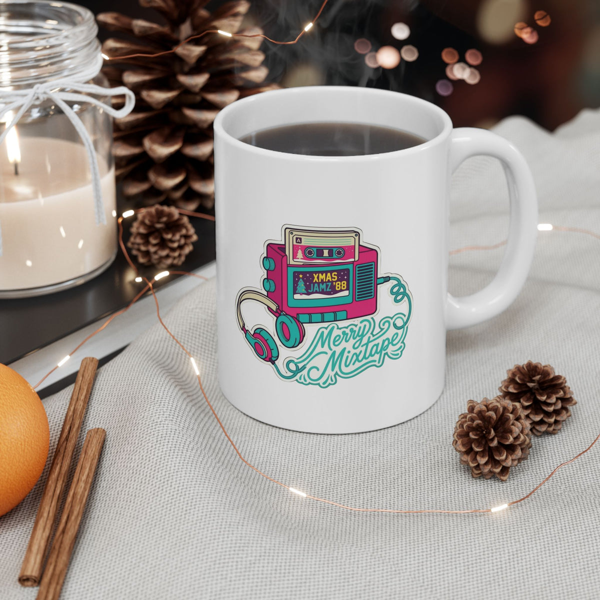 Retro Portable Cassette Player Ceramic Mug - 'Merry Mixtape' Pixel Art Coffee Cup (11oz, 15oz)