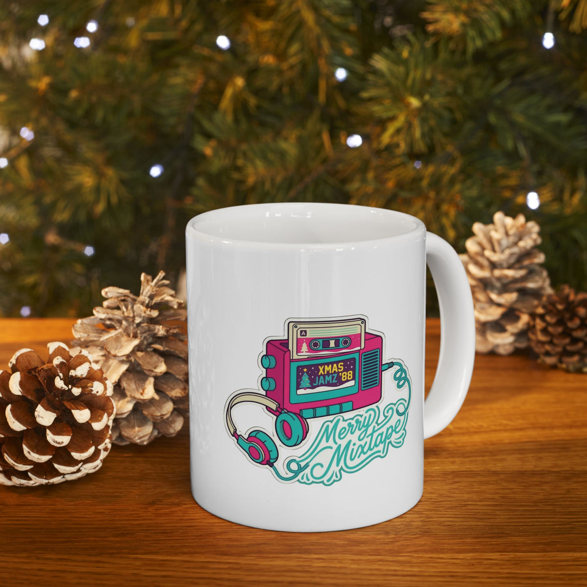 Retro Portable Cassette Player Ceramic Mug - 'Merry Mixtape' Pixel Art Coffee Cup (11oz, 15oz)