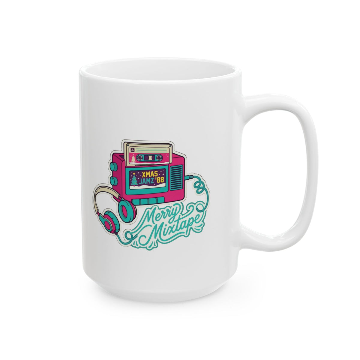 Retro Portable Cassette Player Ceramic Mug - 'Merry Mixtape' Pixel Art Coffee Cup (11oz, 15oz)