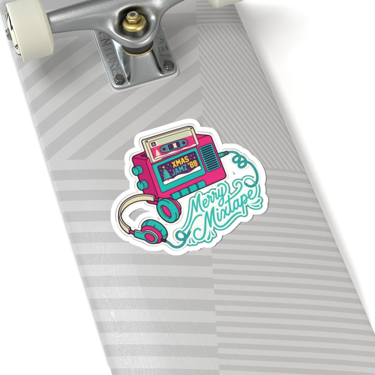 Merry Mixtape Christmas Sticker - Retro Cassette & Headphones Kiss-Cut Decal