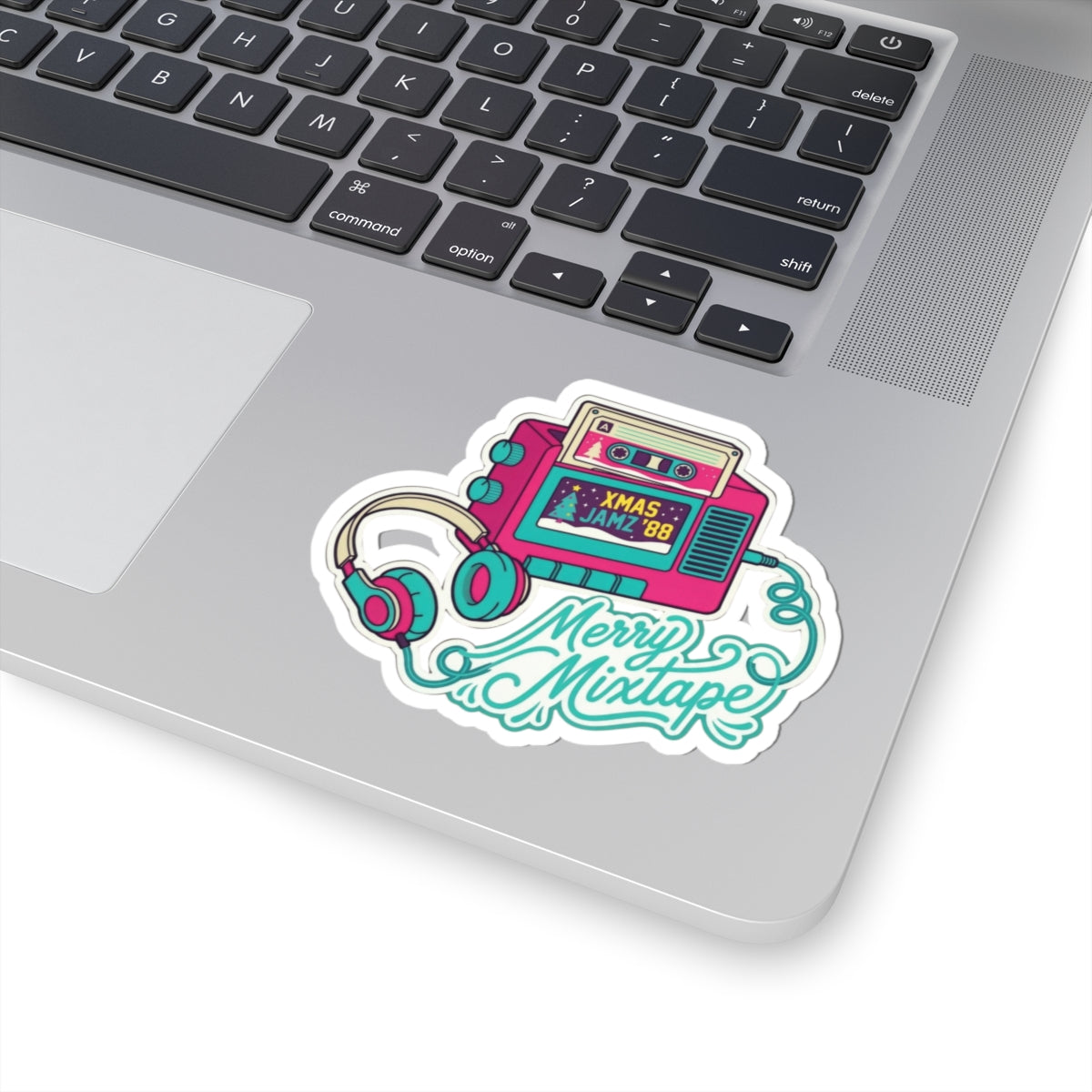 Merry Mixtape Christmas Sticker - Retro Cassette & Headphones Kiss-Cut Decal