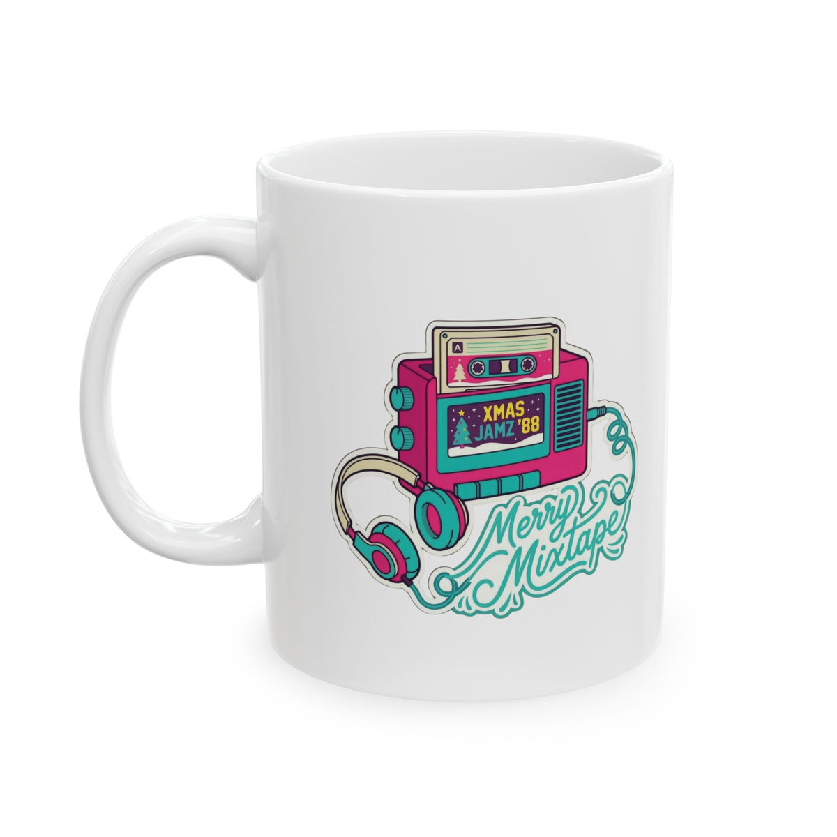 Retro Portable Cassette Player Ceramic Mug - 'Merry Mixtape' Pixel Art Coffee Cup (11oz, 15oz)